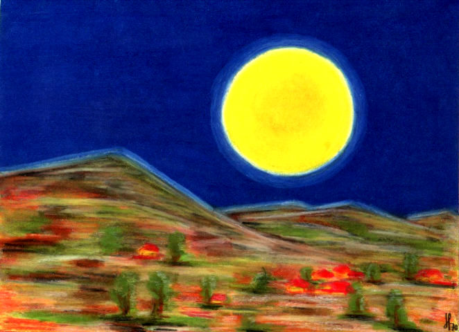 Painting of a night landscape with full Moon